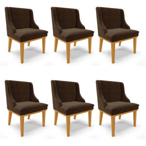 Kit 06 Cadeiras De Jantar Liz Suede Marrom Base Fixa Madeira