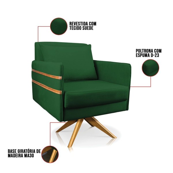 Encontraproduto.com.br - Poltrona Giratória Mari Suede Base De Madeira Ma30 Verde