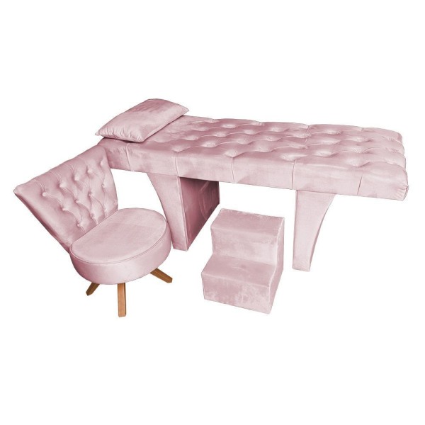 Encontraproduto.com.br - Kit Maca Reta Capitonê 0,80m Sophia Com Mocho Base Madeira E Escada Veludo Rosa Bebê - Pallazio
