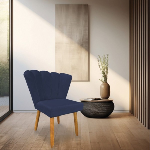 Encontraproduto.com.br - Cadeira Poltrona Flor Veludo Pés Palito Castanho Azul Marinho