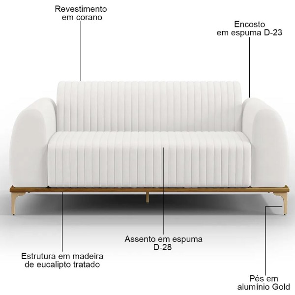 Encontraproduto.com.br - Sofá 180cm 3 Lugares Base Gold Molino D06 PU C-12 Branco - Mpozenato