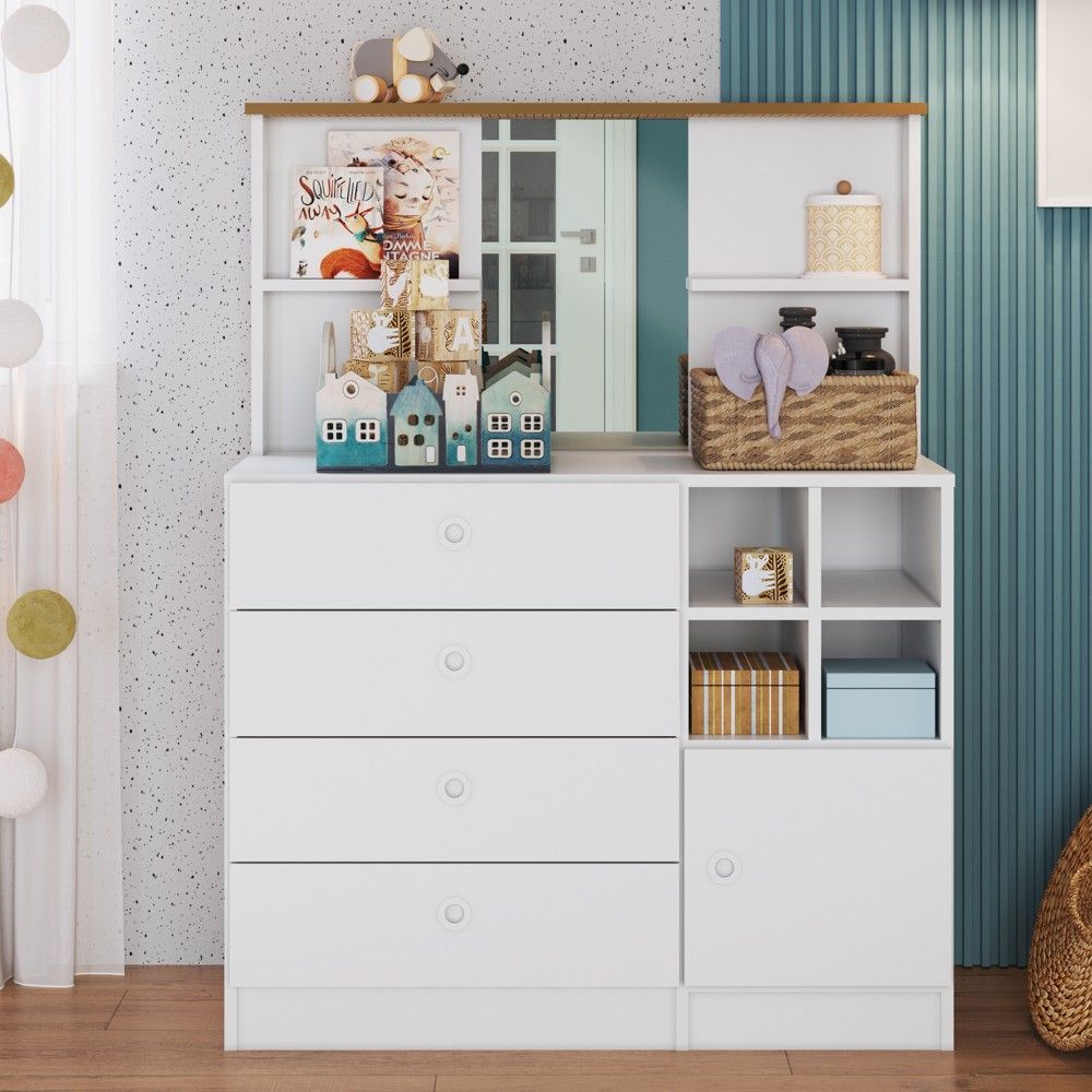 Encontraproduto.com.br - Cômoda Infantil 1 Porta 4 Gavetas Com Espelho House A05 Branco - Mpozenato