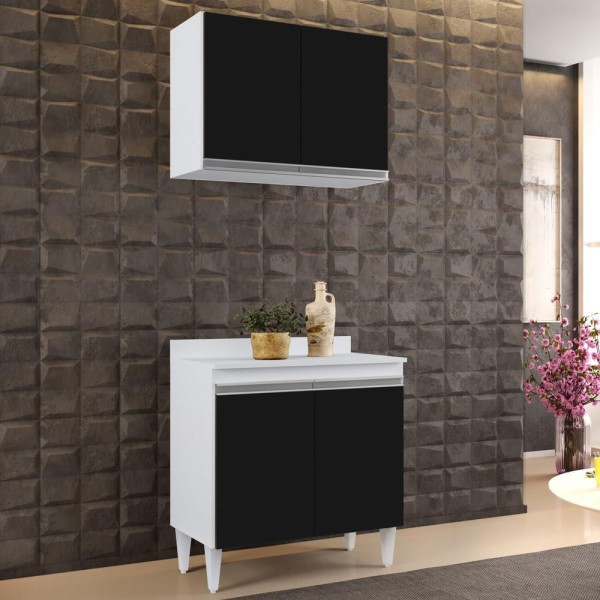 Encontraproduto.com.br - Armário Aéreo Califórnia e Balcão Hawai 80cm Com Tampo Branco/Preto - Lumil