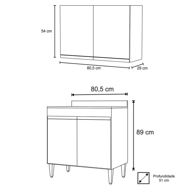 Encontraproduto.com.br - Armário Aéreo Califórnia e Balcão Hawai 80cm Com Tampo Branco/Preto - Lumil