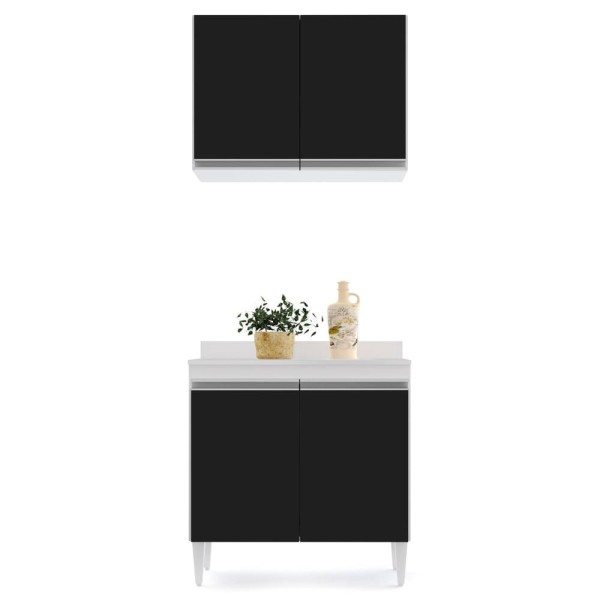 Encontraproduto.com.br - Armário Aéreo Califórnia e Balcão Hawai 80cm Com Tampo Branco/Preto - Lumil