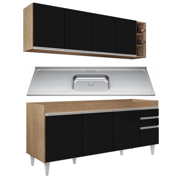 Encontraproduto.com.br - Armário Aéreo Nevada e Balcão Gabinete 180cm Com Pia Dallas Castanho/Preto - Lumil
