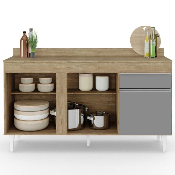 Encontraproduto.com.br - Balcão Gabinete Para Pia Com Tampo 150cm 3 Portas 1 Gaveta Dakota Castanho/cinza - Lumil