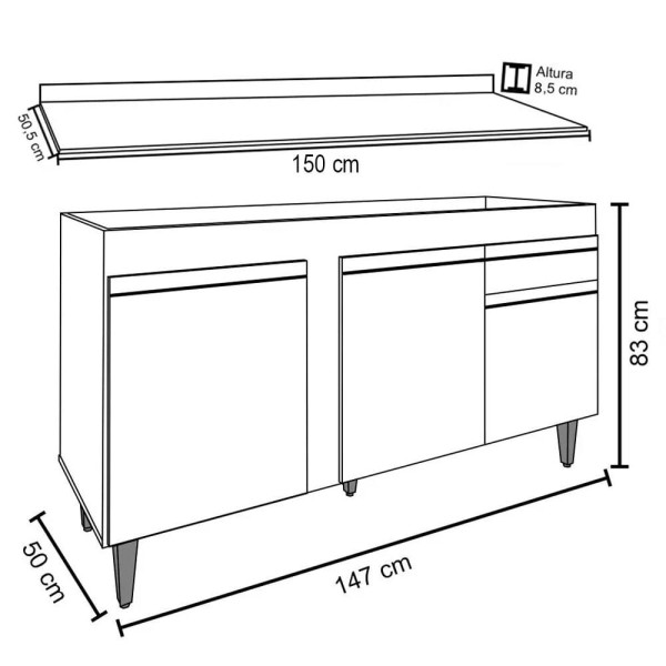 Encontraproduto.com.br - Balcão Gabinete Para Pia Com Tampo 150cm 3 Portas 1 Gaveta Dakota Castanho/cinza - Lumil