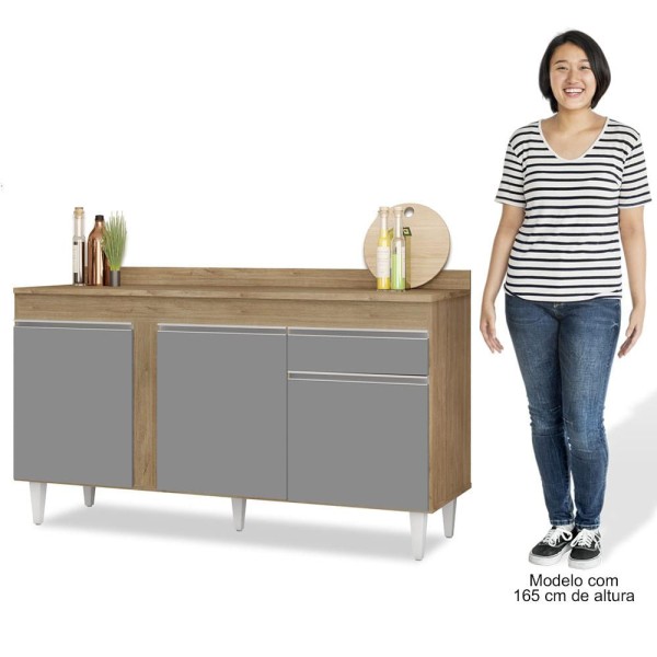 Encontraproduto.com.br - Balcão Gabinete Para Pia Com Tampo 150cm 3 Portas 1 Gaveta Dakota Castanho/cinza - Lumil