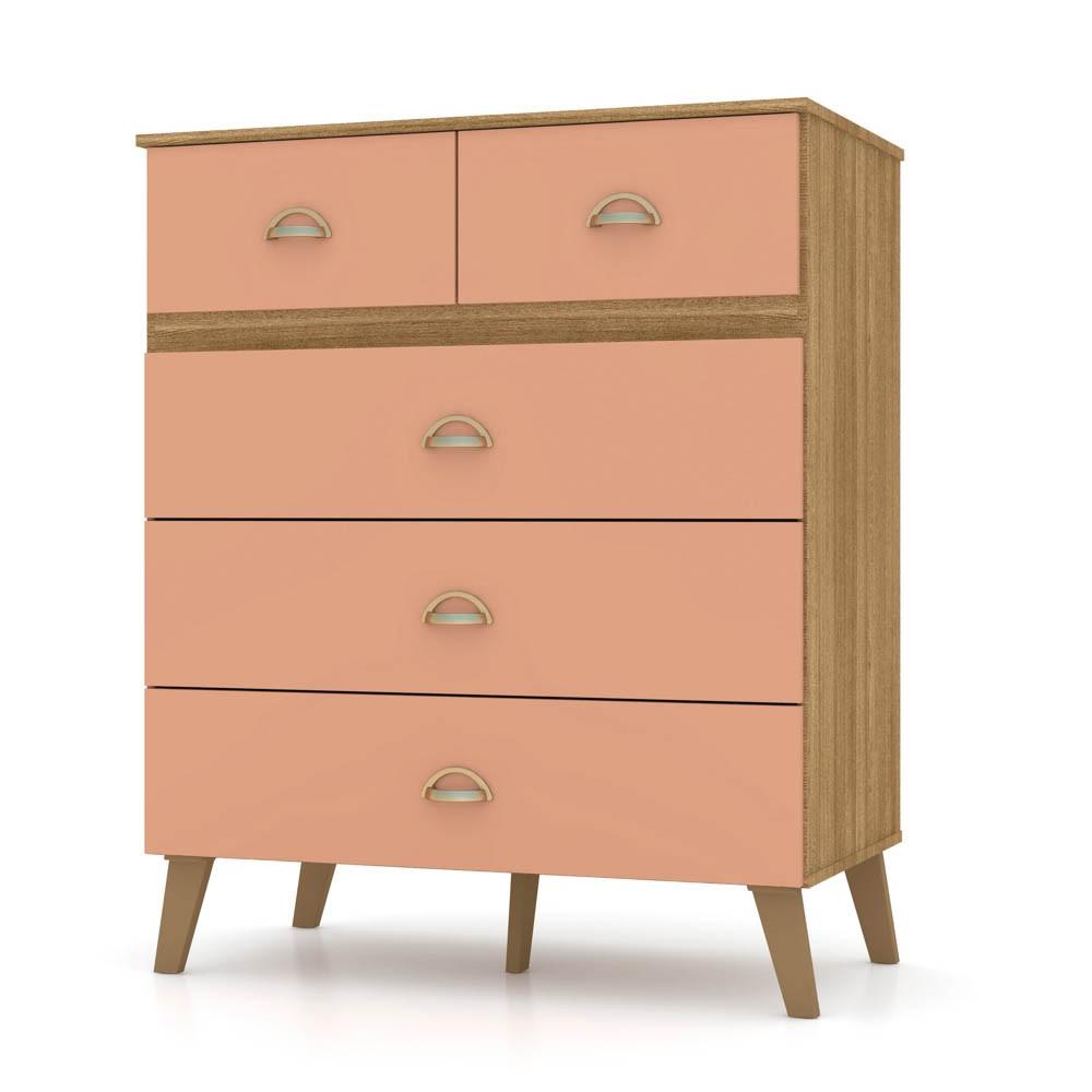 Encontraproduto.com.br - Cômoda 5 Gavetas Estilo Retrô 91cm Ziza V02 Nature/Camarim - Mpozenato
