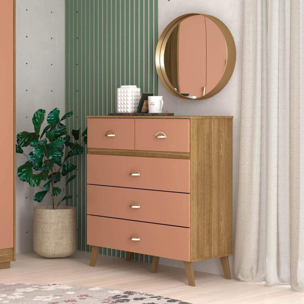 Encontraproduto.com.br - Cômoda 5 Gavetas Estilo Retrô 91cm Ziza V02 Nature/Camarim - Mpozenato