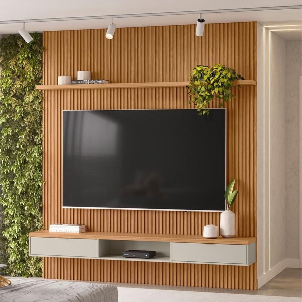 Encontraproduto.com.br - Painel Ripado Para Tv 75 Pol. Com Bancada 219Cm Prime Plus L06 Nature/Off White - Mpozenato