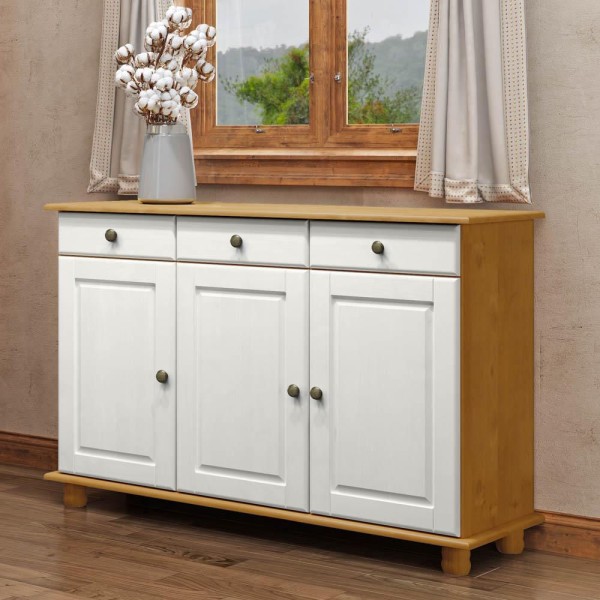 Encontraproduto.com.br - Balcão Buffet Sala de Jantar Rústico 128cm 3 Portas 3 Gavetas Rubia F07 Carvalho/Branco - Mpozenato