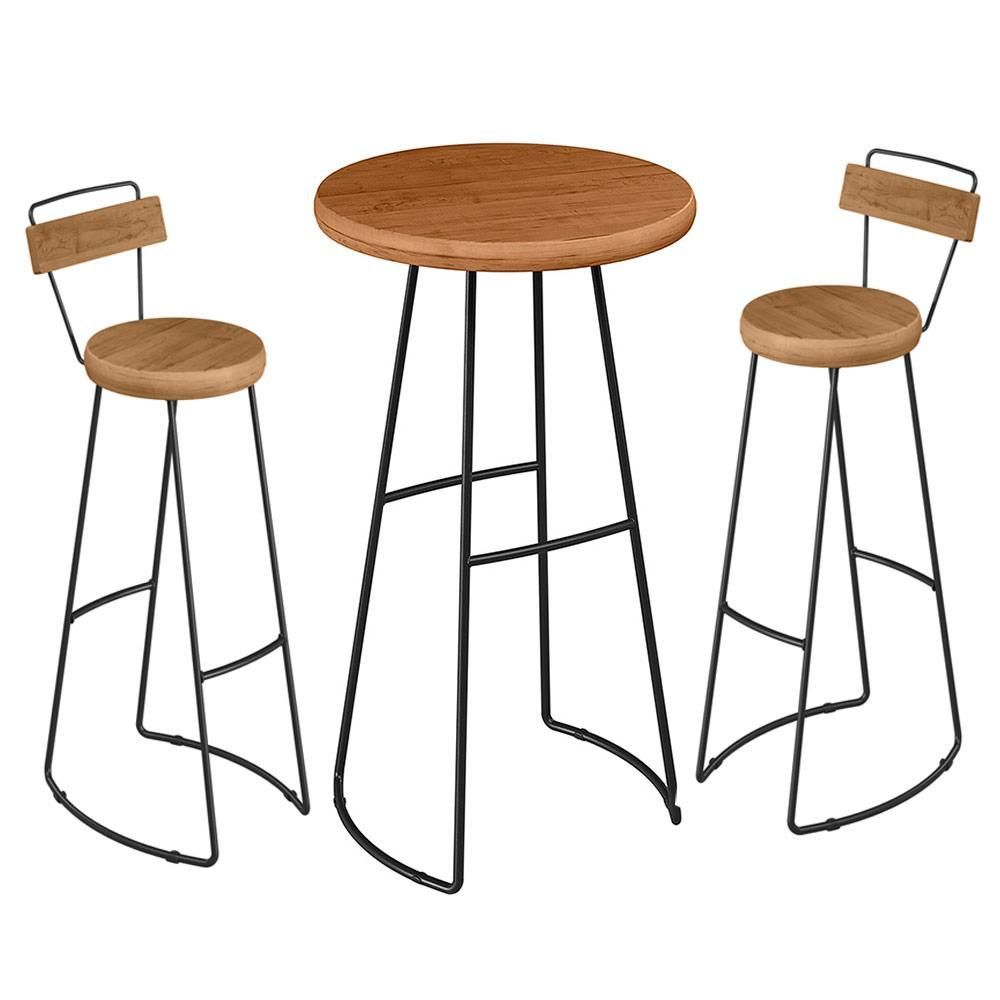Encontraproduto.com.br - Conjunto Mesa Bistrô Alta e 2 Banquetas com Encosto Estilo Industrial Aura D09 Peroba - Mpozenato