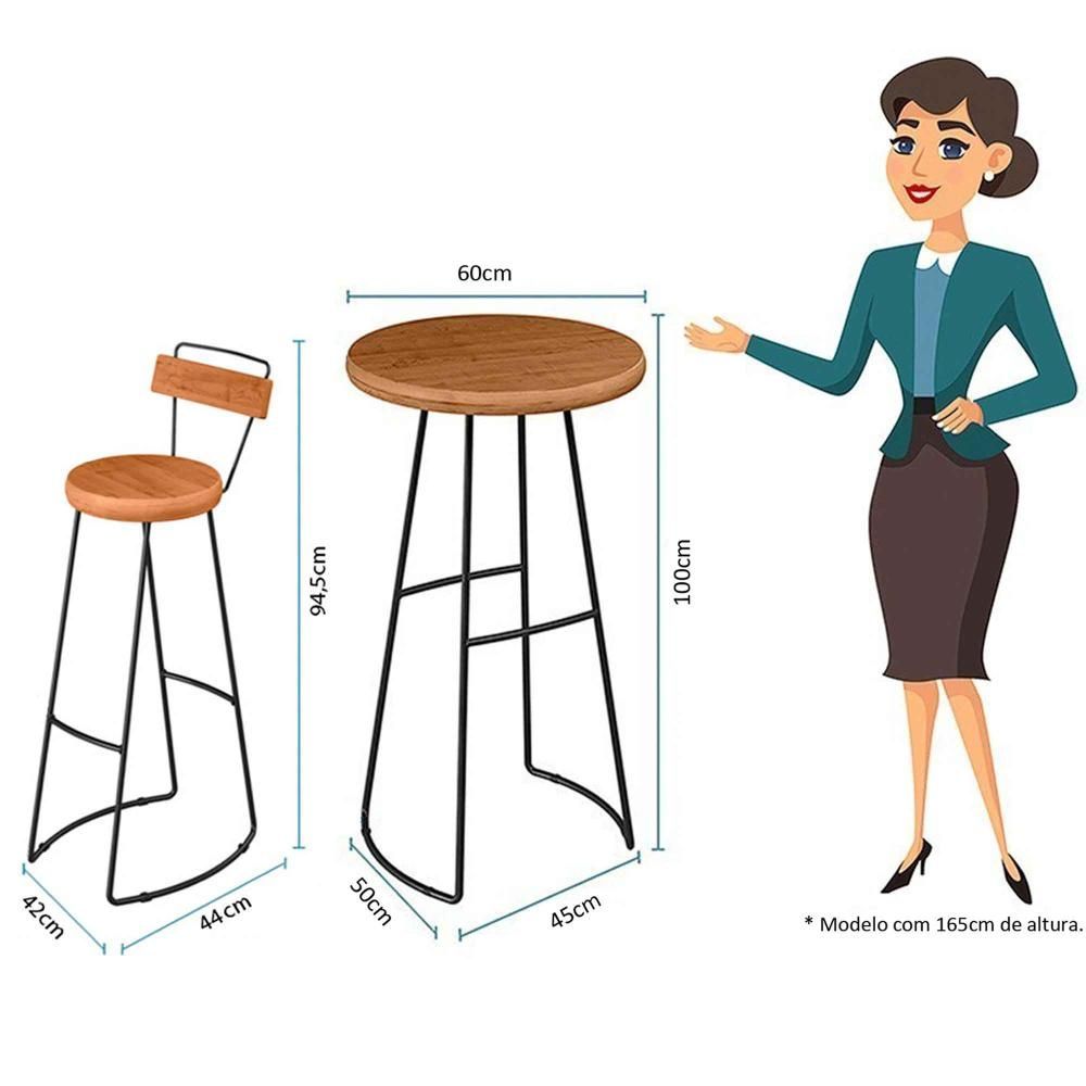 Encontraproduto.com.br - Conjunto Mesa Bistrô Alta e 2 Banquetas com Encosto Estilo Industrial Aura D09 Peroba - Mpozenato