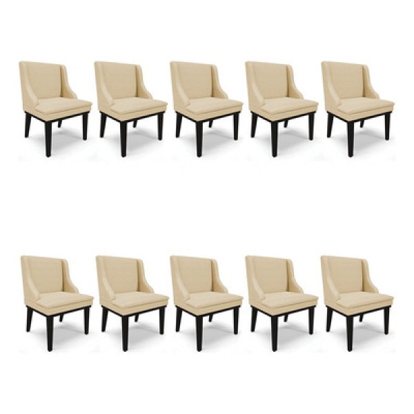 Kit 10 Cadeiras Estofadas para Sala de Jantar Base Fixa de Madeira Preto Lia Veludo Luxo Off White - Ibiza