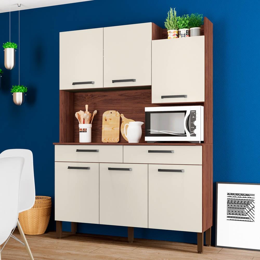 Encontraproduto.com.br - Armário de Cozinha Compacta 132cm Stella K02 Nogueira/Off White - Mpozenato
