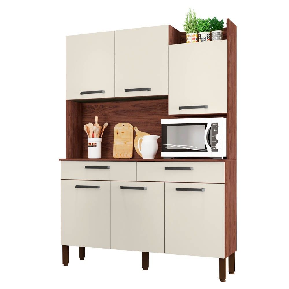 Encontraproduto.com.br - Armário de Cozinha Compacta 132cm Stella K02 Nogueira/Off White - Mpozenato