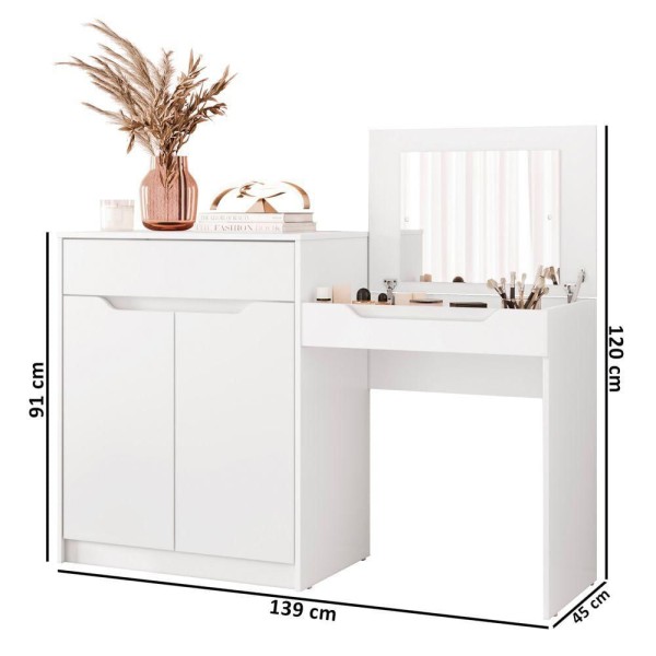 Encontraproduto.com.br - Penteadeira Escrivaninha com Espelho 2 Portas 1 Gaveta Bent A02 Branco Fosco - Mpozenato