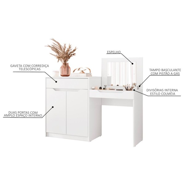 Encontraproduto.com.br - Penteadeira Escrivaninha com Espelho 2 Portas 1 Gaveta Bent A02 Branco Fosco - Mpozenato