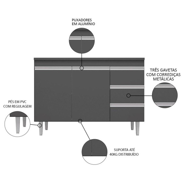 Encontraproduto.com.br - Balcão Gabinete Para Pia 100cm com Tampo 2 Portas Andréia Cinza - AJL Móveis