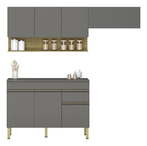 Armário de Cozinha 3 Peças Balcão com Tampo 120cm Lina05 K02 Gris/Freijó - Mpozenato
