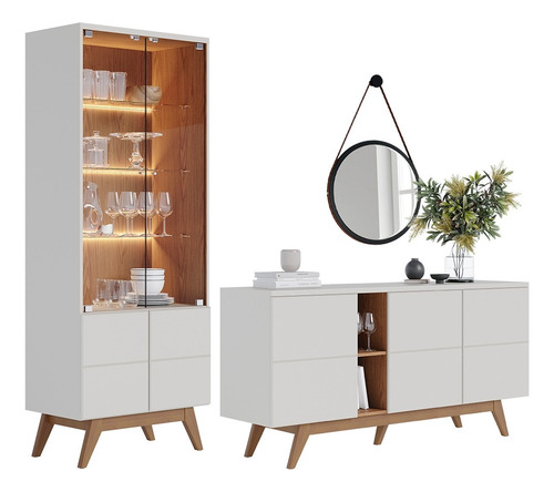 Encontraproduto.com.br - Balcão Buffet Com Cristaleira Rebeca e Espelho Adnet 54cm C05 Off White/Freijó - Mpozenato