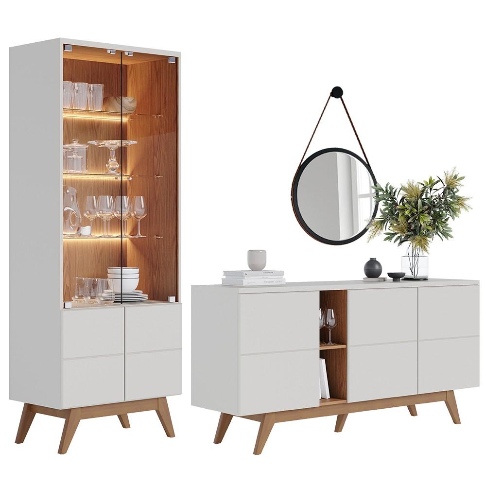 Encontraproduto.com.br - Balcão Buffet Com Cristaleira Rebeca e Espelho Adnet 54cm C05 Off White/Freijó - Mpozenato