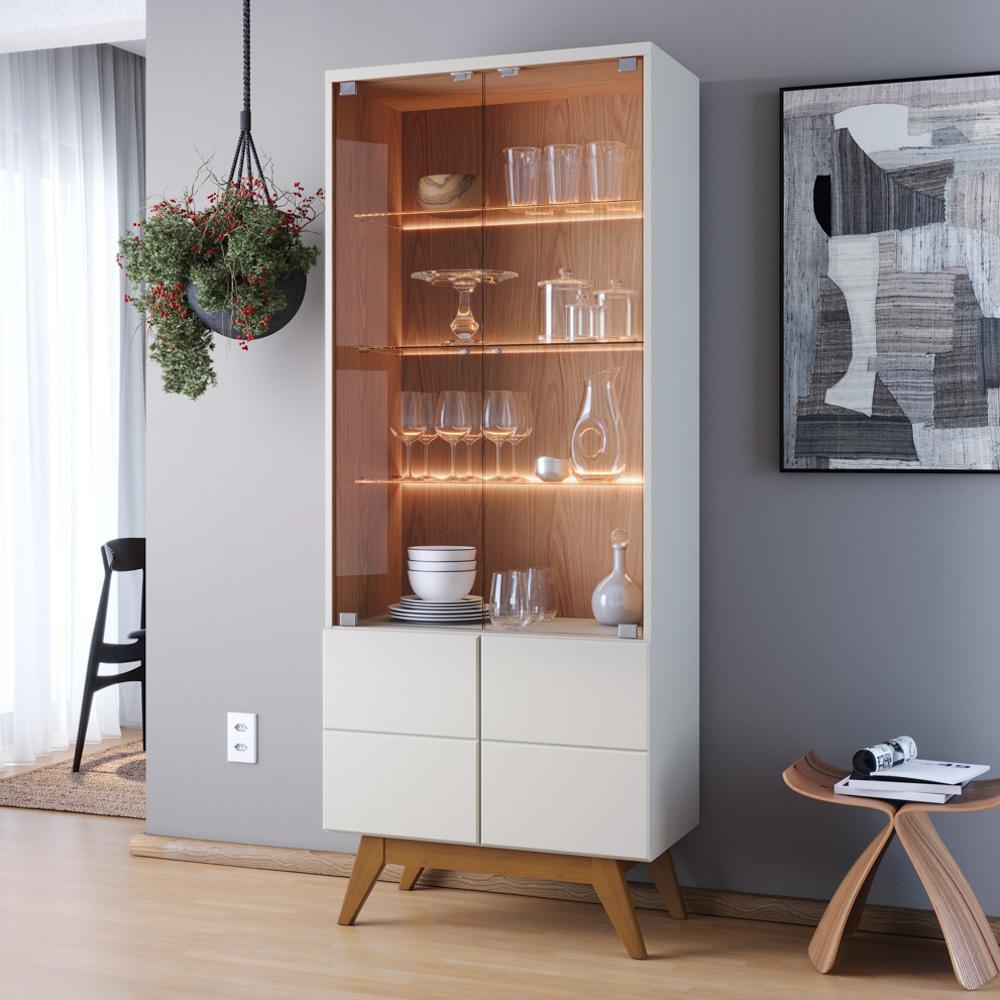 Encontraproduto.com.br - Balcão Buffet Com Cristaleira Rebeca e Espelho Adnet 54cm C05 Off White/Freijó - Mpozenato
