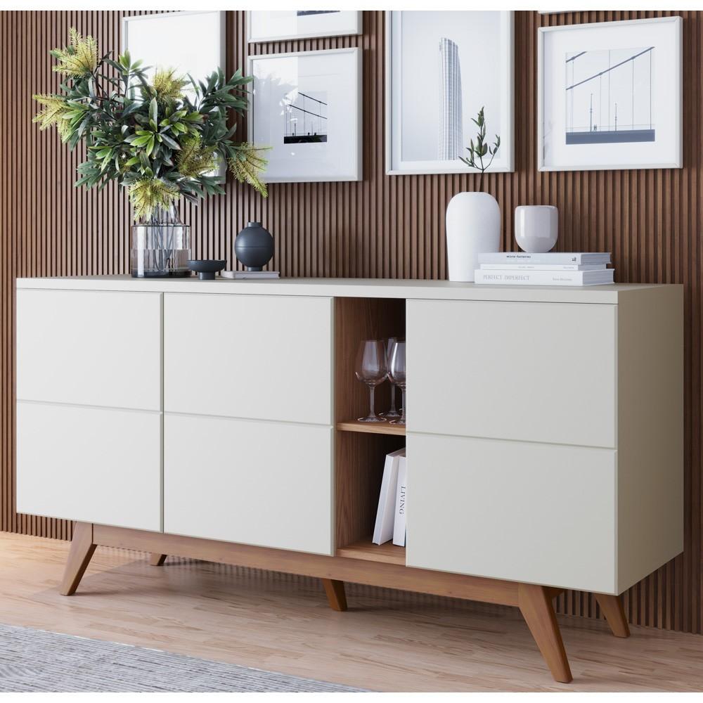 Encontraproduto.com.br - Balcão Buffet Com Cristaleira Rebeca e Espelho Adnet 54cm C05 Off White/Freijó - Mpozenato