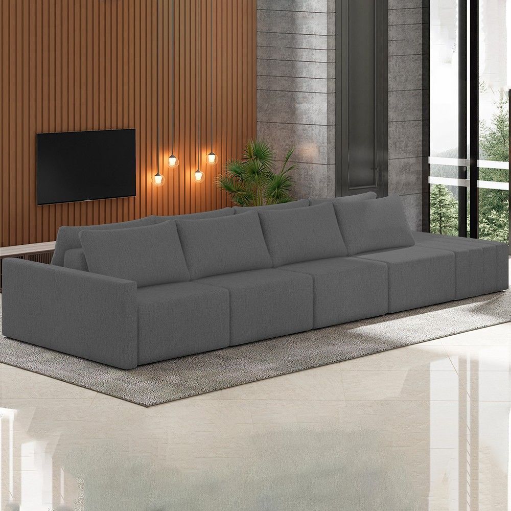Encontraproduto.com.br - Sofá Ilha Modular com Puff para Sala Living 432cm Georgia K04 Linho Cinza Escuro - Mpozenato