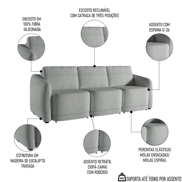 Encontraproduto.com.br - Sofá Cama Casal para Sala 336cm Polska K04 Bouclê Cinza Claro - Mpozenato