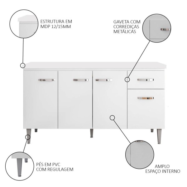Encontraproduto.com.br - Balcão Gabinete Para Pia Com Tampo 150cm 4 Portas e 1 Gaveta Gabriela Branco - AJL Móveis