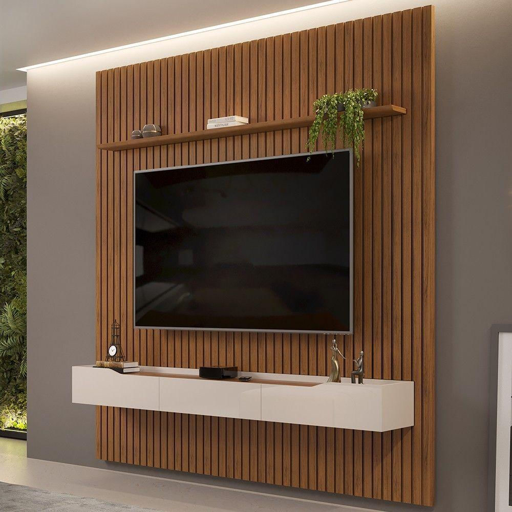 Painel Para Tv 75 Pol Ripado Com Bancada Suspensa 250x240cm Pratisk D04 Freijó-off White - Mpozenato