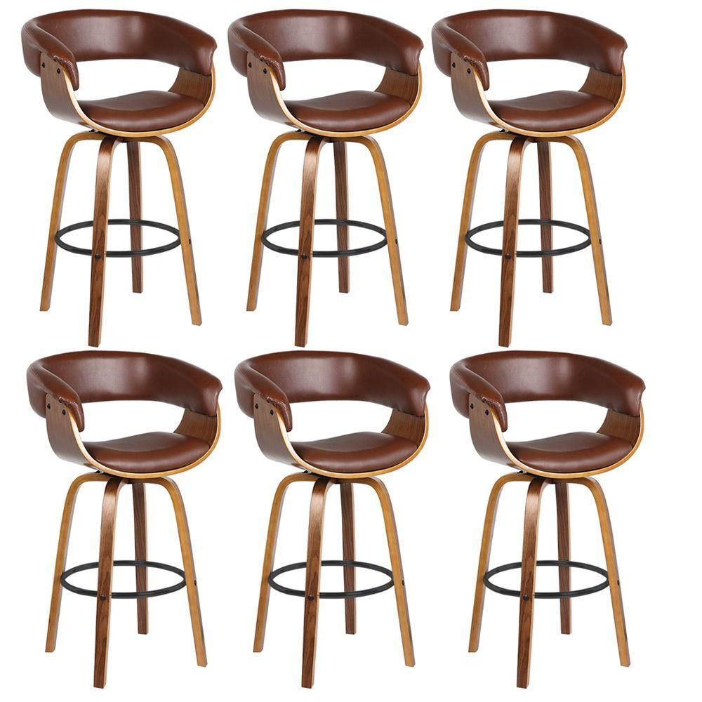 Encontraproduto.com.br - Kit 6 Banquetas Giratória Alta com Encosto Base Madeira Ravi R02 Sintético Marrom - Mpozenato