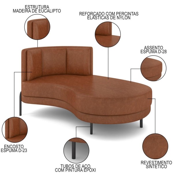 Encontraproduto.com.br - Chaise Longue Divã 164cm Braço Esquerdo Logus D06 Sintético Marrom - Mpozenato