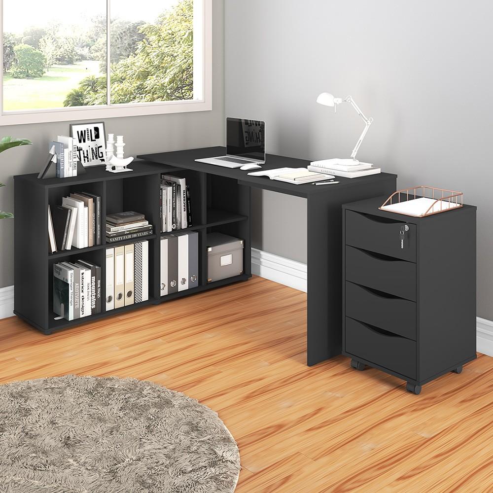 Encontraproduto.com.br - Mesa Escrivaninha em L Eron e Gaveteiro com Rodízios Mity A06 Preto - Mpozenato