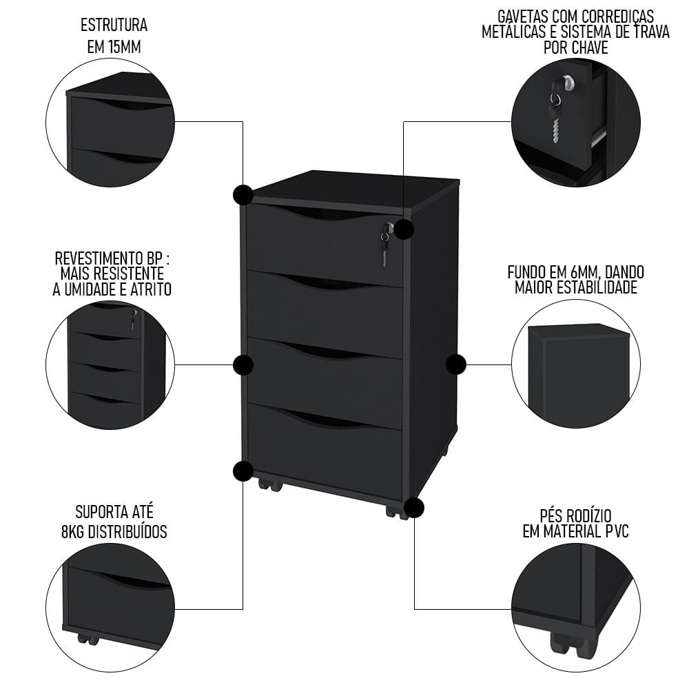 Encontraproduto.com.br - Mesa Escrivaninha em L Eron e Gaveteiro com Rodízios Mity A06 Preto - Mpozenato