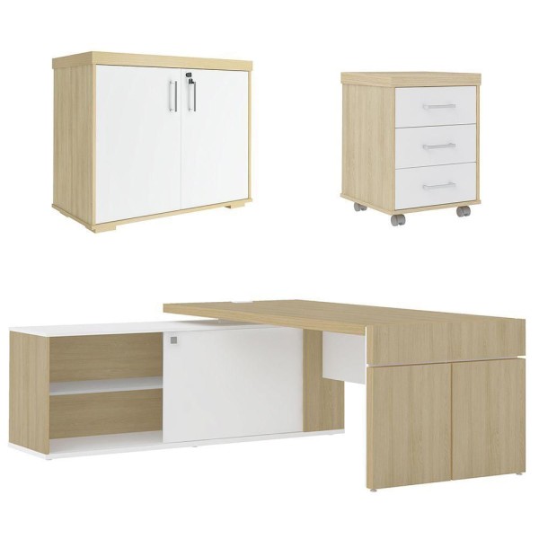 Encontraproduto.com.br - Conjunto Escritório Home Office 3 Peças Mesa Em L Corp A06 Carvalho-branco - Mpozenato