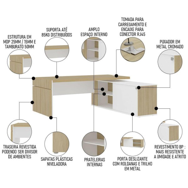 Encontraproduto.com.br - Conjunto Escritório Home Office 3 Peças Mesa Em L Corp A06 Carvalho-branco - Mpozenato