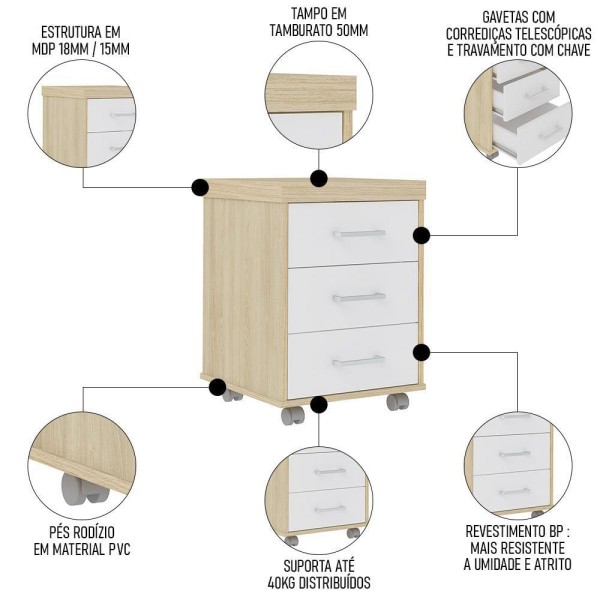 Encontraproduto.com.br - Conjunto Escritório Home Office 3 Peças Mesa Em L Corp A06 Carvalho-branco - Mpozenato