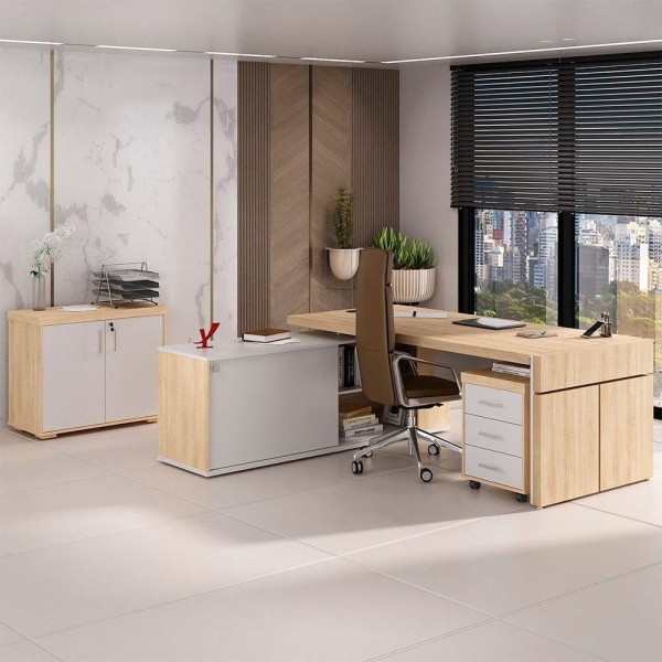 Encontraproduto.com.br - Conjunto Escritório Home Office 3 Peças Mesa Em L Corp A06 Carvalho-branco - Mpozenato