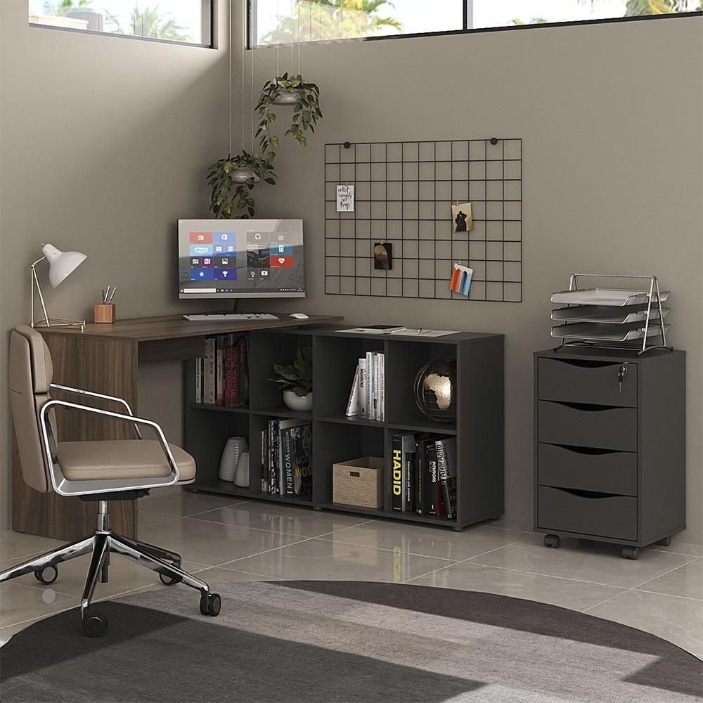 Encontraproduto.com.br - Mesa Escrivaninha Em L Eron E Gaveteiro Com Rodízios Mity A06 Ipê Preto Mpozenato