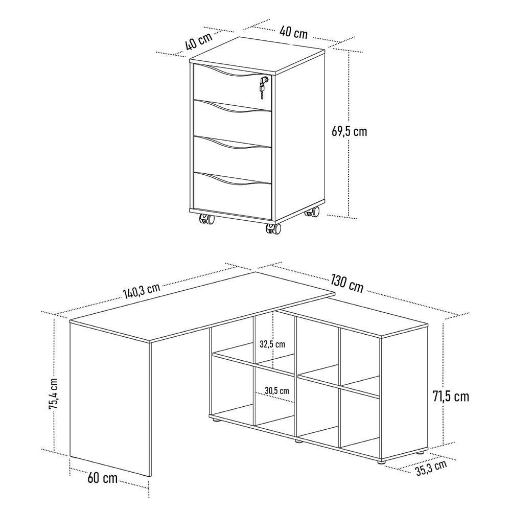 Encontraproduto.com.br - Mesa Escrivaninha Em L Eron E Gaveteiro Com Rodízios Mity A06 Ipê Preto Mpozenato