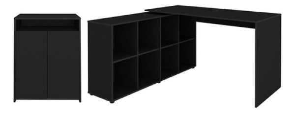 Mesa Escrivaninha em L Eron e Balcão 60cm 2 Portas Look A06 Preto - Mpozenato