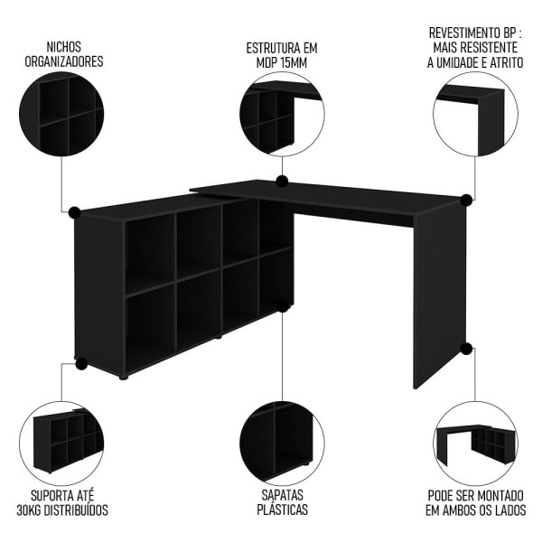 Encontraproduto.com.br - Mesa Escrivaninha em L Eron e Balcão 60cm 2 Portas Look A06 Preto - Mpozenato