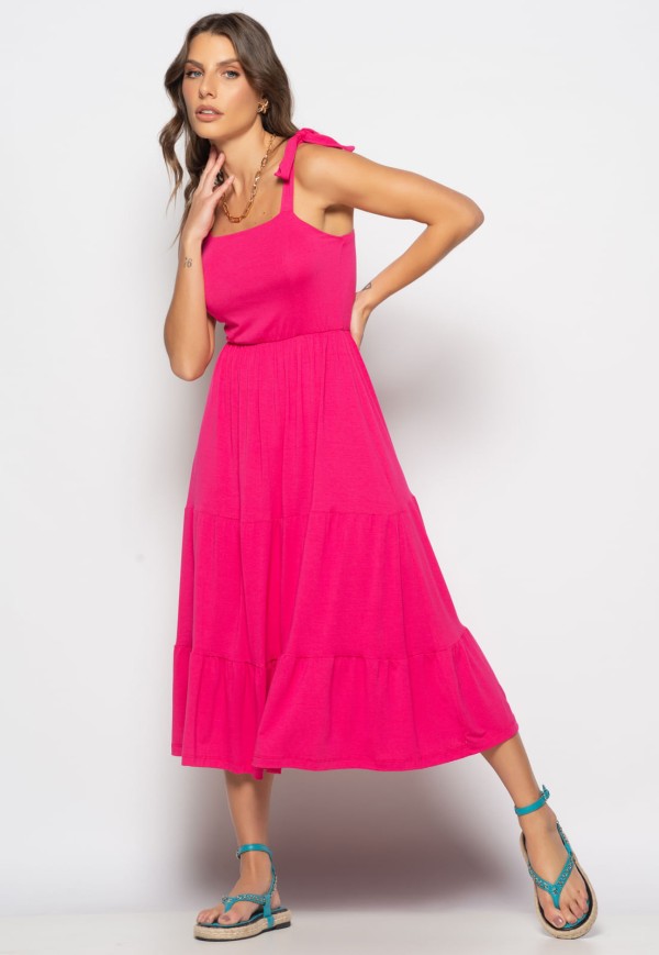 Vestido Midi Babado Com Alça Amarração Malha Rosa Salvatore