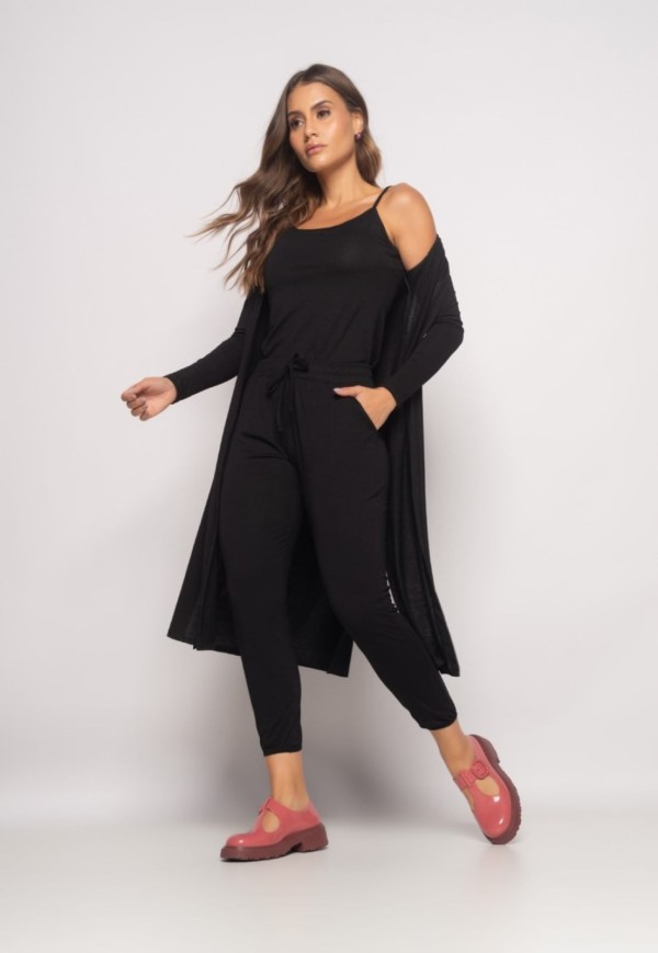 Conjunto Com Kimono, Regata e Jogger Malha Preto Salvatore