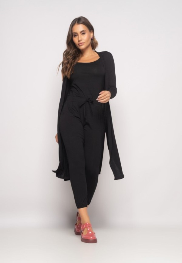 Encontraproduto.com.br - Conjunto Com Kimono, Regata e Jogger Malha Preto Salvatore