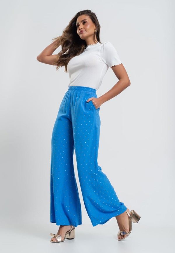 Encontraproduto.com.br - Calça Pantalona Viscose Com Lurex Azul Salvatore Fashion